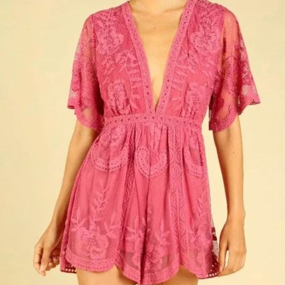 Honey Punch Pants - Honey Punch As You Wish Embroidered Lace Romper in Raspberry M